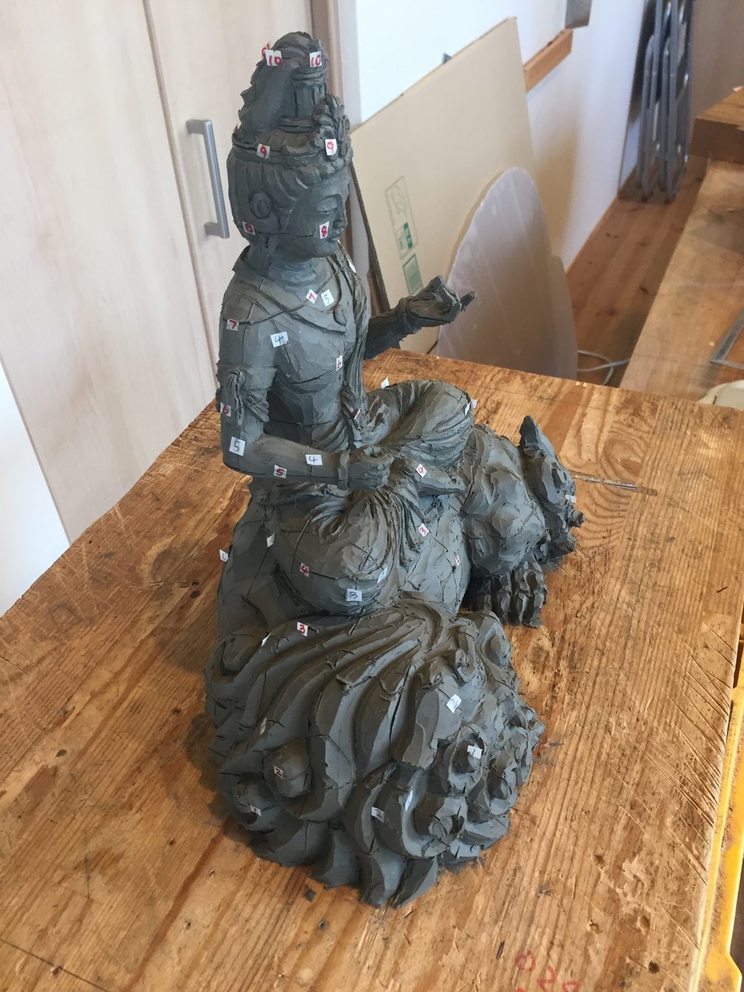 Clay model at Inami studio — Buddha sculpture with number system