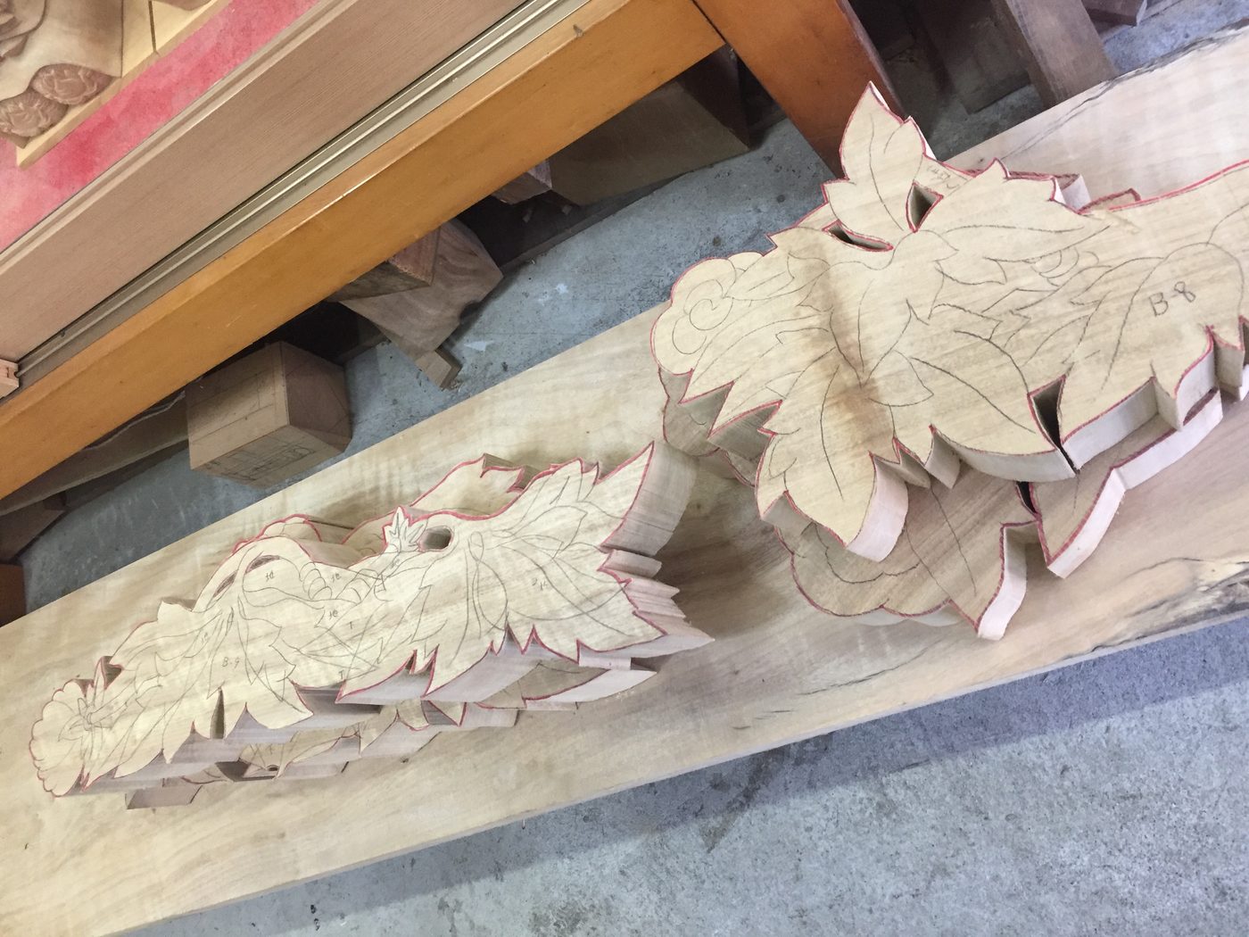 Woodcarving in progress at Inami studio